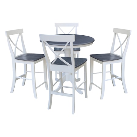 International Concepts 36 in. Wood Round Pedestal Gathering Height Dining Table with 4 X-Back Counter Stools in White/Gray K05-36RT-6B-S6132-4